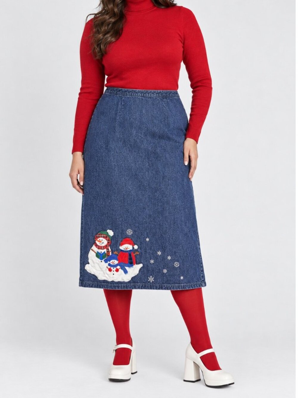 Vtg Westbound Holiday Denim Maxi Skirt  18 Embroidered Snowman Family Applique